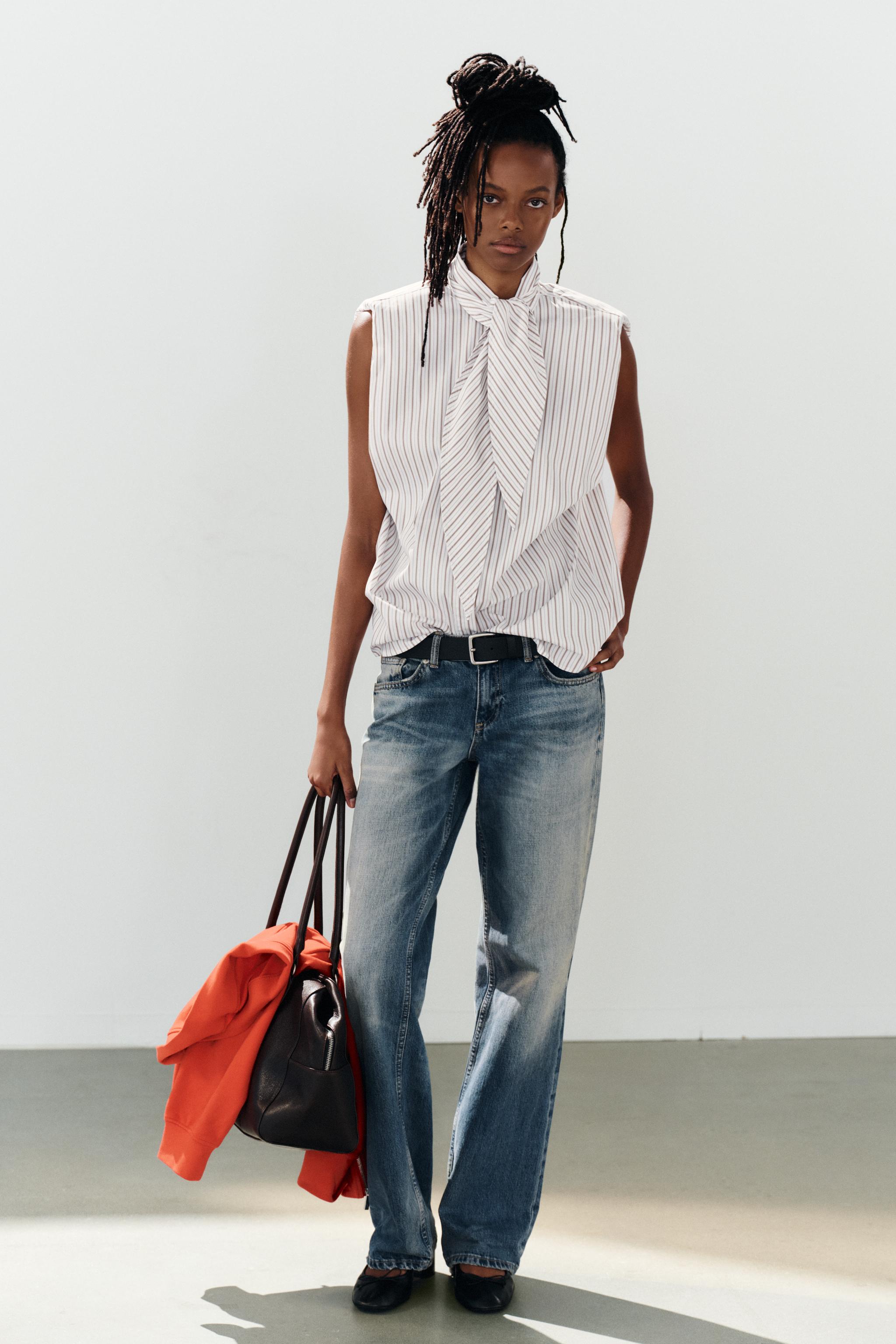 STRIPED TIE-NECK SHIRT WITH SHOULDER PADS
